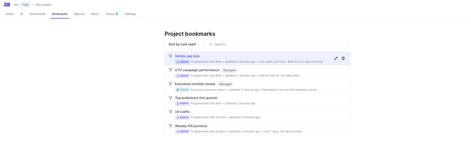 Project Bookmarks tab