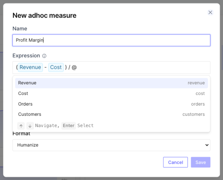 Creating an adhoc measure, with the @ measure picker open