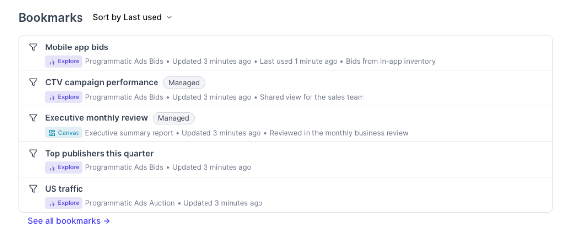 Bookmarks section on the project home page