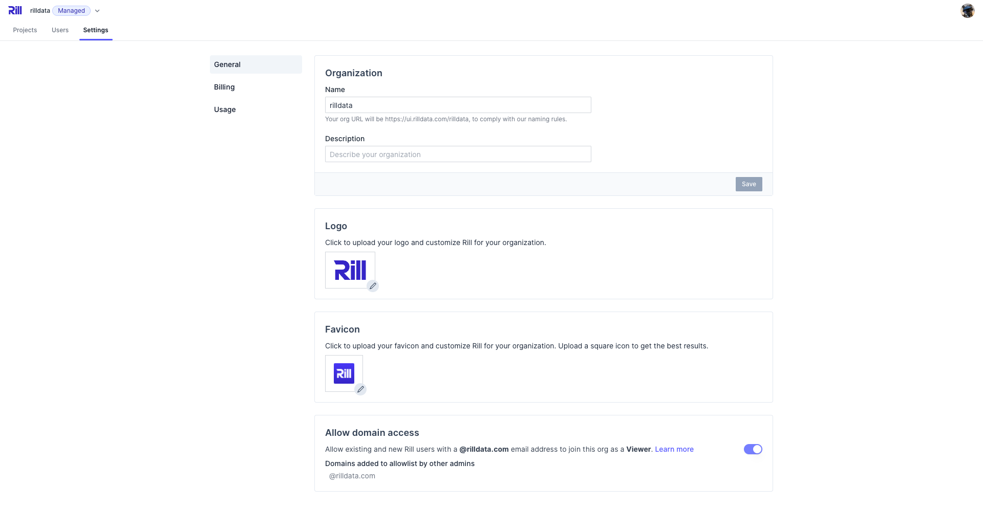 Rill Org Settings