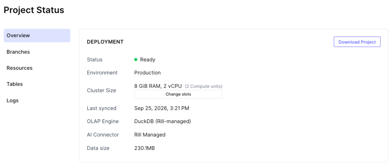 Cluster size in the Deployment section of the project status page