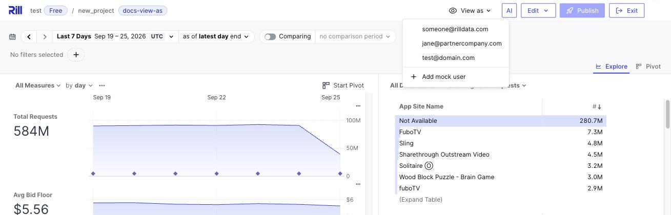 View as menu in the cloud editor listing mock users and Add mock user