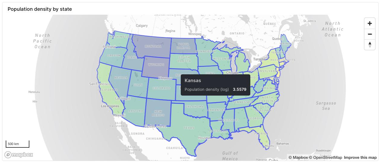 Map of US states shaded by population density