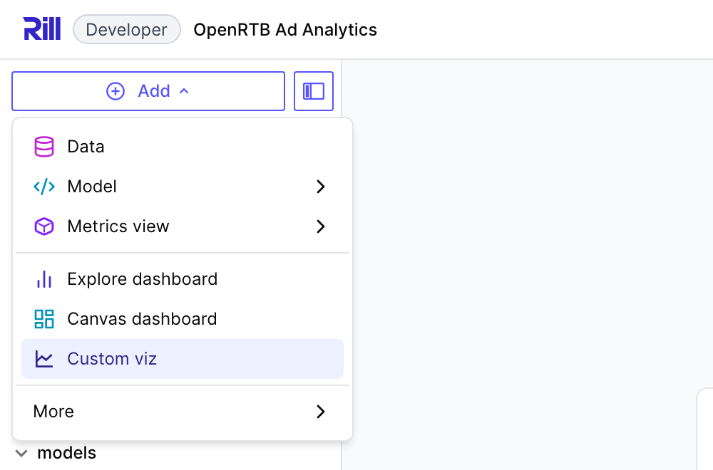 The Add menu with the Custom viz entry