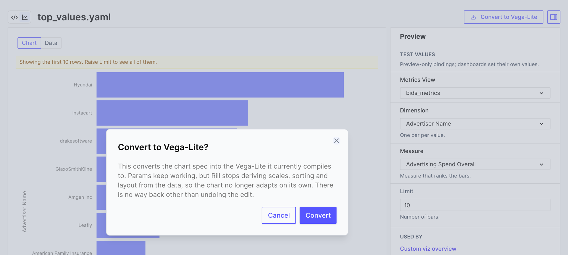 The Convert to Vega-Lite confirmation in the component editor